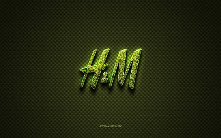 hm-logo, gr&#252;nes kreatives logo, florales kunstlogo, hm-emblem, gr&#252;ne kohlefaser-textur, hm, kreative kunst