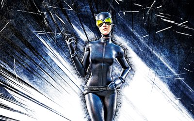 4k, Catwoman, grunge art, Fortnite Battle Royale, Fortnite karakterleri, mavi soyut ışınlar, Catwoman Skin, Fortnite, Catwoman Fortnite