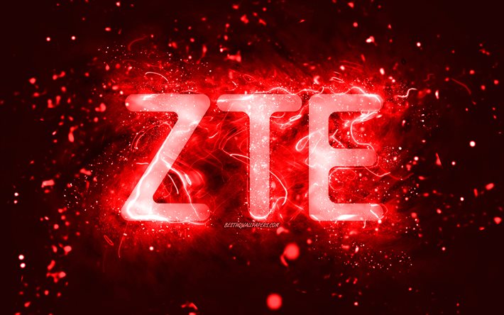 ZTE red logo, 4k, red neon lights, creative, red abstract background, ZTE logo, brands, ZTE