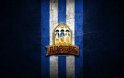 San Pablo Burgos, golden logo, ACB, blue metal background, spanish basketball team, San Pablo Burgos logo, basketball, CB San Pablo Burgos
