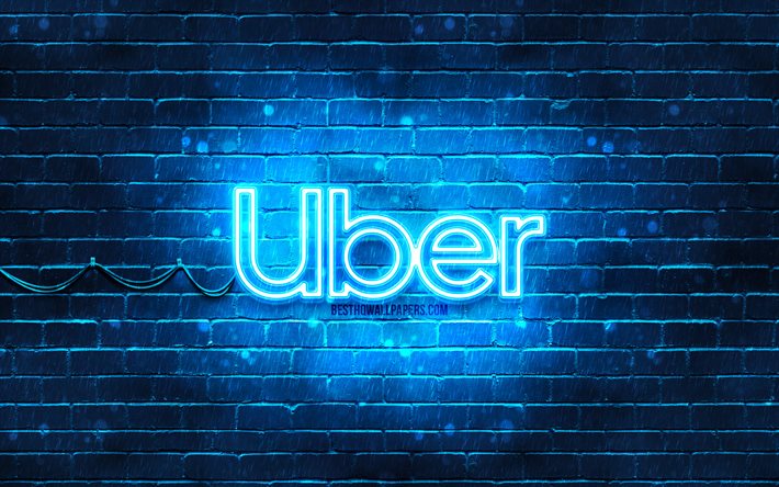 Logo bleu Uber, 4k, mur de briques bleues, logo Uber, marques, logo n&#233;on Uber, Uber