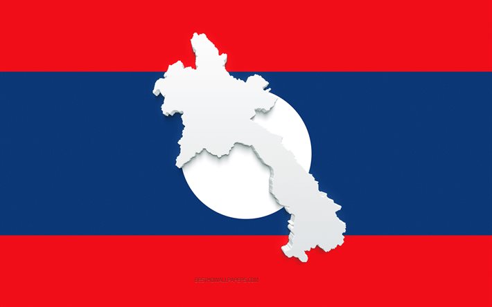 Laos harita silueti, Laos Bayrağı, bayrakta siluet, Laos, 3d Laos harita silueti, Laos bayrağı, Laos 3d harita