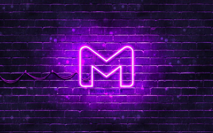 gmail-violettes logo, 4k, violette ziegelmauer, gmail-logo, postdienste, gmail-neonlogo, gmail
