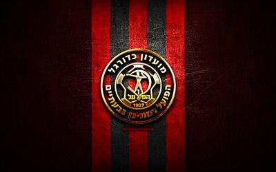 Hapoel Ramat Gan FC, golden logo, Leumit League, red metal background, football, Israeli football club, Hapoel Ramat Gan logo, soccer, Hapoel Ramat Gan