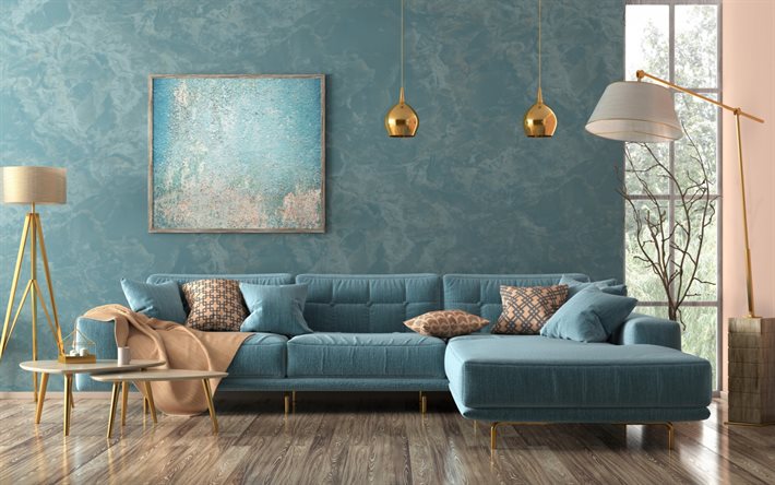 living room, blue walls in the living room, stylish interior design, blue sofa in the living room, gold metal lamps, idea for the living room