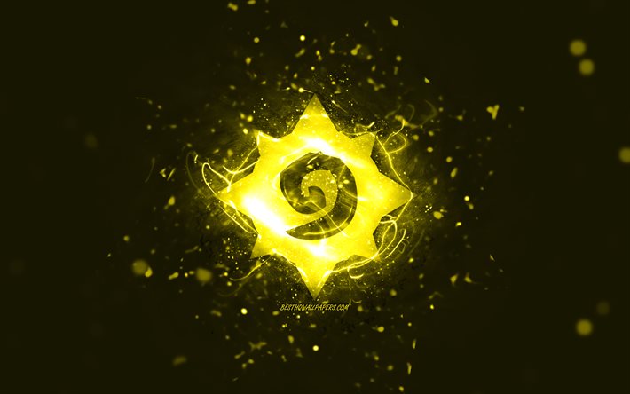 ハースストーンの黄色のロゴ, 4k, 黄色のネオンライト, creative クリエイティブ, 黄色の抽象的な背景, ハースストーンのロゴ, ƒIƒ“ƒ‰ƒCƒ“ƒQ[ƒ€, ハースストーン