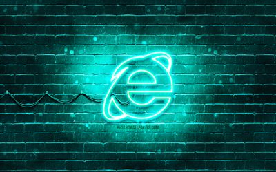 Internet Explorer turkuaz logo, 4k, turkuaz tuğla duvar, Internet Explorer logosu, markalar, Internet Explorer neon logosu, Internet Explorer
