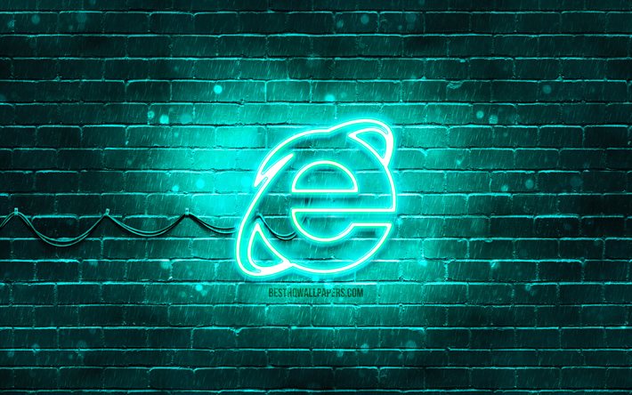 Logo turchese di Internet Explorer, 4k, muro di mattoni turchese, logo di Internet Explorer, marchi, logo neon di Internet Explorer, Internet Explorer