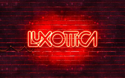 Luxottica kırmızı logo, 4k, kırmızı brickwall, Luxottica logo, markalar, Luxottica neon logo, Luxottica