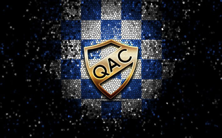 Quilmes Atletico Club, logotipo glitter, Primera Nacional, fundo xadrez branco azul, futebol, clube de futebol argentino, logotipo Quilmes AC, arte em mosaico, Quilmes FC