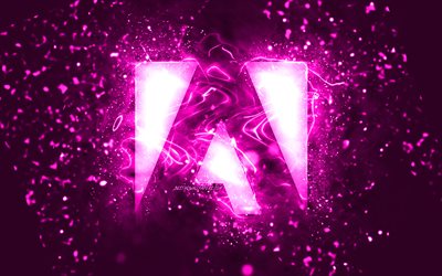Adobe purple logo, 4k, purple neon lights, creative, purple abstract background, Adobe logo, brands, Adobe