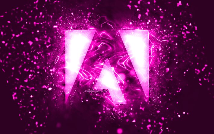Adobe mor logosu, 4k, mor neon ışıkları, yaratıcı, mor soyut arka plan, Adobe logosu, markalar, Adobe