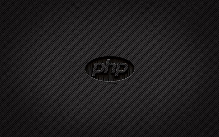 PHP carbon logo, 4k, grunge art, carbon background, creative, PHP black logo, programming languages, PHP logo, PHP