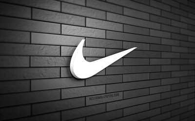 Nike 3D logosu, 4K, gri brickwall, yaratıcı, markalar, Nike logosu, 3D sanat, Nike