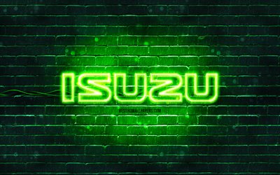 Isuzu green logo, 4k, green brickwall, Isuzu logo, cars brands, Isuzu neon logo, Isuzu