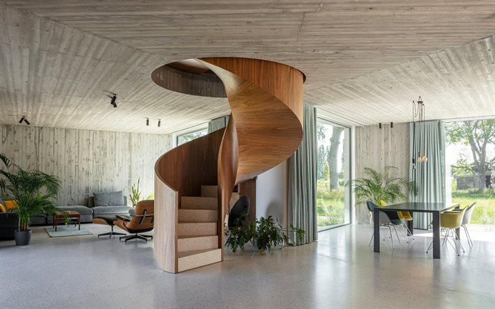 木製のらせん階段, スタイリッシュなインテリアデザイン, スタイリッシュな階段, 木製の天井, モダンなインテリアデザイン, らせん階段のアイデア