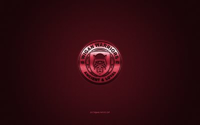 wigan warriors, englischer rugby-club, rotes logo, roter kohlefaserhintergrund, super league, rugby, greater manchester, england, wigan warriors logo