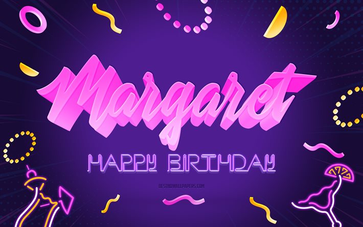 お誕生日おめでとうマーガレット, 4k, 紫のパーティーの背景, NAME OF TRANSLATORS, クリエイティブアート, ハッピーマーガレットバースデー, マーガレット名, マーガレットの誕生日, 誕生日パーティーの背景