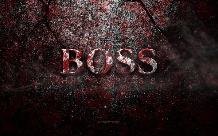 Hugo Boss logo, grunge art, Hugo Boss stone logo, red stone texture, Hugo Boss, grunge stone texture, Hugo Boss emblem, Hugo Boss 3d logo