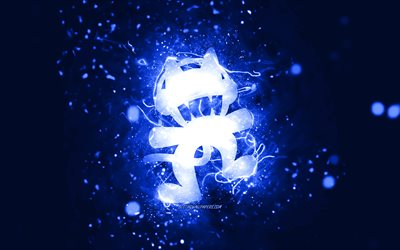 Monstercat logo bleu foncé, 4k, DJ canadiens, néons bleu foncé, créatif, fond abstrait bleu foncé, logo Monstercat, stars de la musique, Monstercat