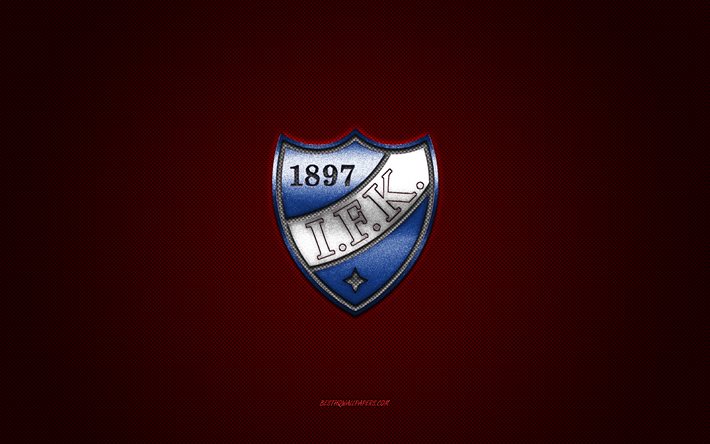 HIFK Fotboll, squadra di calcio finlandese, logo blu, sfondo rosso in fibra di carbonio, Veikkausliiga, calcio, Helsinki, Finlandia, logo HIFK Fotboll