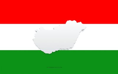 Silhouette de carte de la Hongrie, drapeau de la Hongrie, silhouette sur le drapeau, Hongrie, silhouette de la carte de la Hongrie 3d, carte de la Hongrie 3d