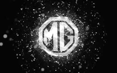 MG logo bianco, 4k, luci al neon bianche, creativo, sfondo astratto nero, logo MG, marche di automobili, MG