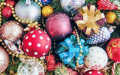 Christmas decorations, 4k, Happy New Year, background with Christmas balls, Merry Christmas, Christmas balls, Christmas