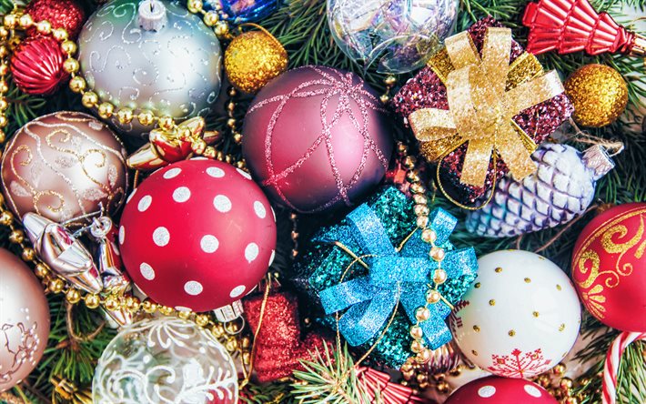 Decorazioni natalizie, 4k, Felice Anno Nuovo, sfondo con palle di Natale, Buon Natale, palle di Natale, Natale