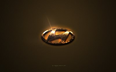 Hyundai altın logosu, sanat eseri, kahverengi metal arka plan, Hyundai amblemi, yaratıcı, Hummer logosu, markalar, Hyundai