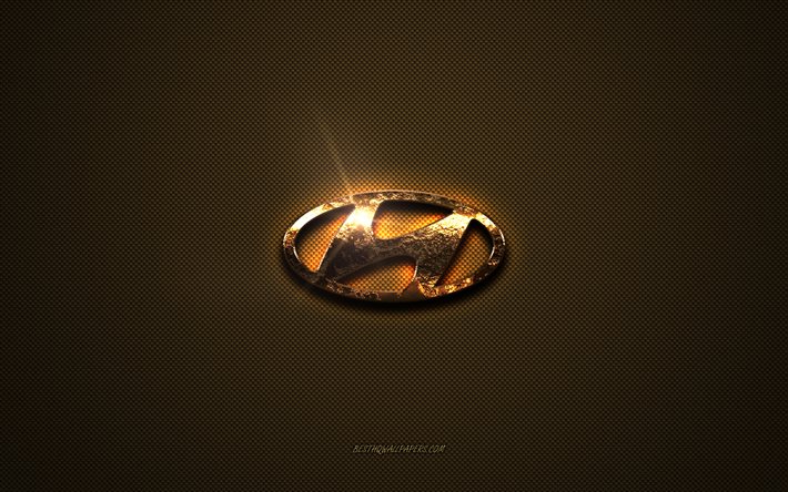 Logotipo dourado da Hyundai, arte, fundo de metal marrom, emblema da Hyundai, criativo, logotipo Hummer, marcas, Hyundai