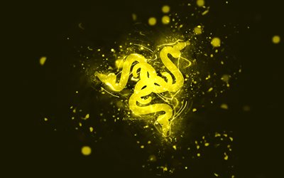 Razer yellow logo, 4k, yellow neon lights, creative, yellow abstract background, Razer logo, brands, Razer