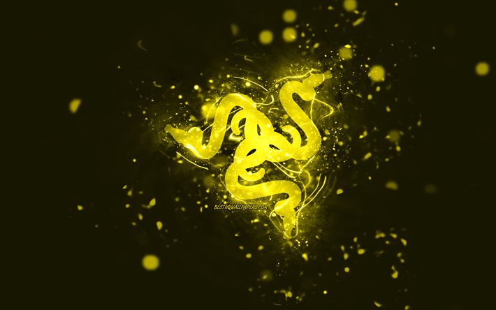 Logotipo amarelo Razer, 4k, luzes de neon amarelos, fundo criativo, abstrato amarelo, logotipo razer, marcas, Razer