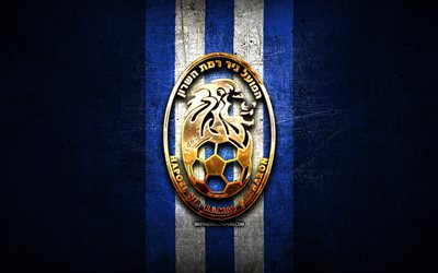 Hapoel Nir Ramat HaSharon FC, golden logo, Leumit League, blue metal background, football, Israeli football club, Hapoel Nir Ramat HaSharon logo, soccer, Hapoel Nir Ramat HaSharon