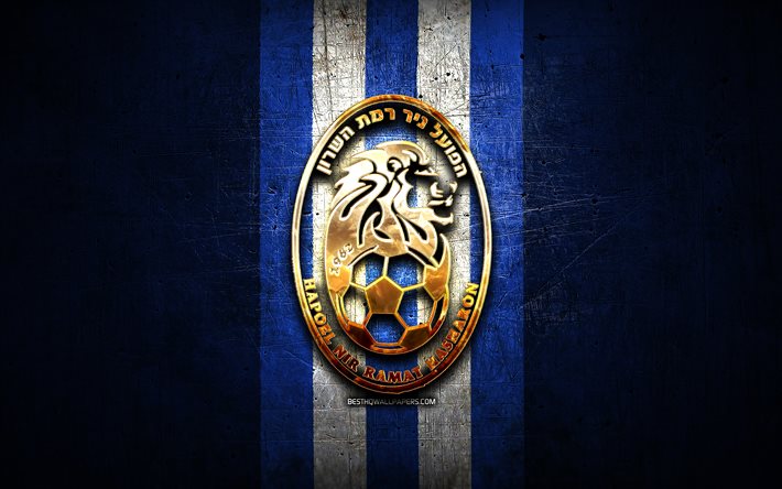 Hapoel Nir Ramat HaSharon FC, kultainen logo, Leumit League, sininen metalli tausta, jalkapallo, Israelin jalkapalloseura, Hapoel Nir Ramat HaSharon logo, Hapoel Nir Ramat HaSharon