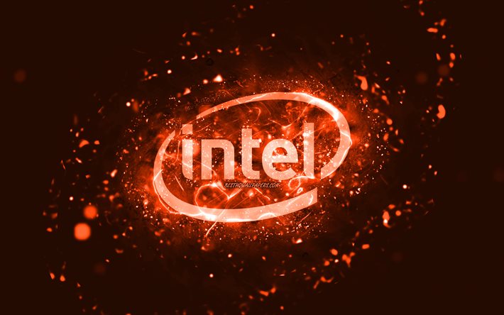 Intel logo arancione, 4k, luci al neon arancioni, creativo, sfondo astratto arancione, logo Intel, marchi, Intel