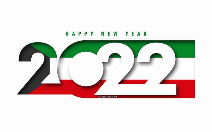Hyv&#228;&#228; uutta vuotta 2022 Kuwait, valkoinen tausta, Kuwait 2022, Kuwait 2022 uusi vuosi, 2022 konseptit, Kuwait, Kuwaitin lippu