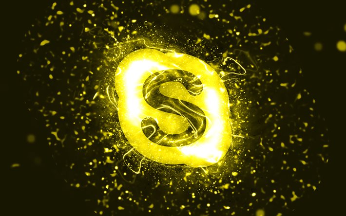 Skype gul logotyp, 4k, gula neonljus, kreativ, gul abstrakt bakgrund, Skype logotyp, varum&#228;rken, Skype