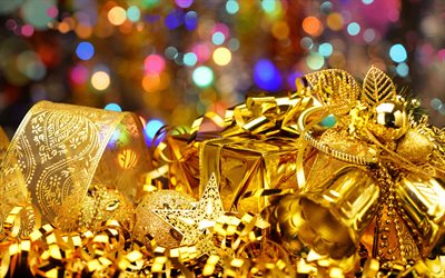 golden christmas decorations, 4k, bokeh, New Year decoration, Happy New Year, Merry Christmas, golden gift boxes, golden bells, new year concepts, christmas decorations
