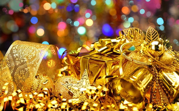goldene weihnachtsdekoration, 4k, bokeh, neujahrsdekoration, frohes neues jahr, frohe weihnachten, goldene geschenkboxen, goldene glocken, neujahrskonzepte, weihnachtsdekorationen