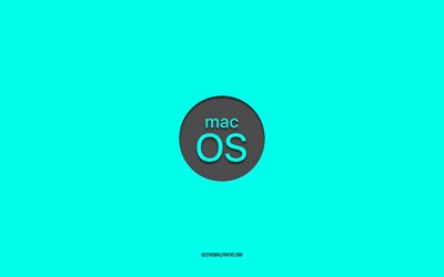 MacOS turquoise logo, 4k, minimalism, turquoise background, macOS, OS, macOS logo, macOS emblem