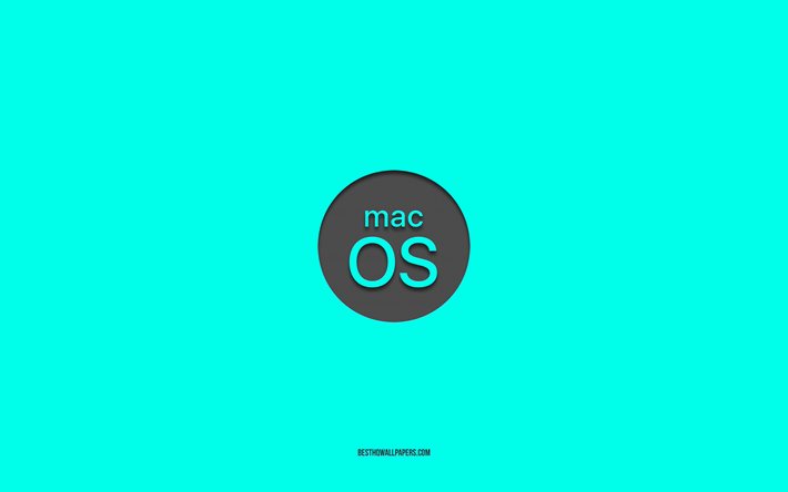 Logo turquoise MacOS, 4k, minimalisme, fond turquoise, macOS, OS, logo macOS, embl&#232;me macOS