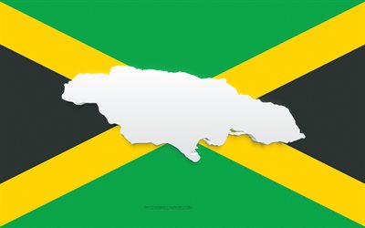 Silhueta do mapa da Jamaica, Bandeira da Jamaica, silhueta na bandeira, Jamaica, 3D Silhueta do mapa da Jamaica, Mapa da Jamaica em 3D