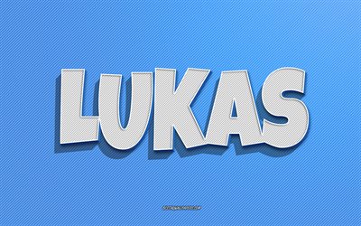 Lukas, fond de lignes bleues, fonds d&#39;&#233;cran avec des noms, nom de Lukas, noms masculins, carte de voeux de Lukas, dessin au trait, photo avec le nom de Lukas