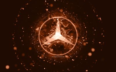 Mercedes-Benz ruskea logo, 4k, ruskeat neon valot, luova, ruskea abstrakti tausta, Mercedes-Benz logo, automerkit, Mercedes-Benz