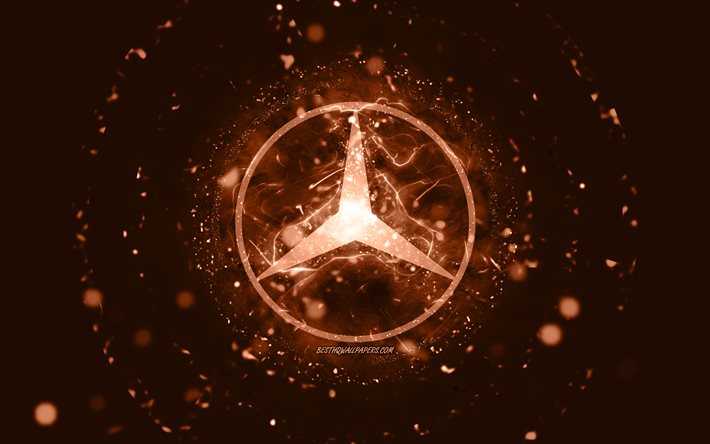 Mercedes-Benz kahverengi logosu, 4k, kahverengi neon ışıkları, yaratıcı, kahverengi soyut arka plan, Mercedes-Benz logosu, otomobil markaları, Mercedes-Benz