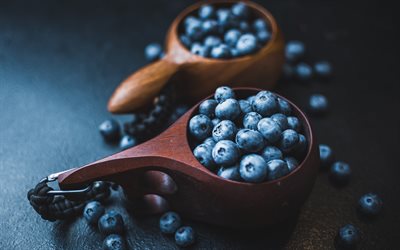 blueberries, wooden spoon, blueberries in a spoon, healthy berries, background with blueberries