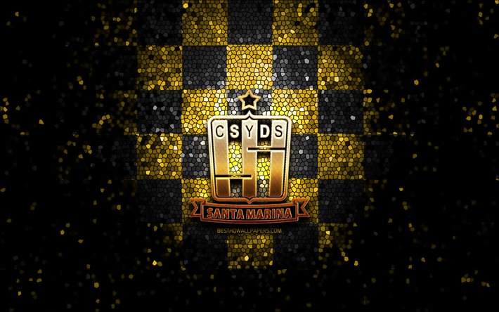 CD Santamarina de Tandil, logotipo com glitter, Primera Nacional, fundo xadrez preto amarelo, futebol, clube de futebol argentino, logotipo do Santamarina, arte em mosaico, Santamarina FC