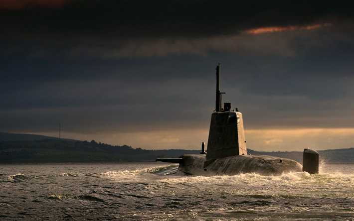 HMS Ambush, S120, Royal Navy, sottomarino nucleare britannico, sottomarino classe Astute, sera, mare, tramonto, navi da guerra, Gran Bretagna