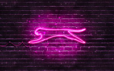 Slazenger violetti logo, 4k, violetti tiilisein&#228;, Slazenger logo, tuotemerkit, Slazenger neon logo, Slazenger
